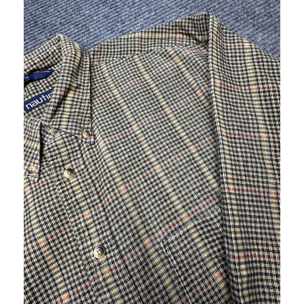 Nautica Button Down Shirt Men XL Brown Plaid Long Sleeve Cotton Corduroy
